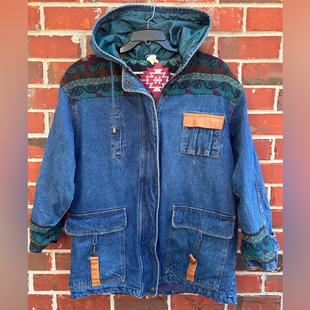 Vintage Outbrook 80’s L South Western Aztec Lined Denim Hooded Full Zip Coat G6